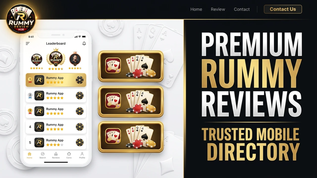 RummyReviewHub mobile rummy app reviews leaderboard banner with ranked app comparison cards